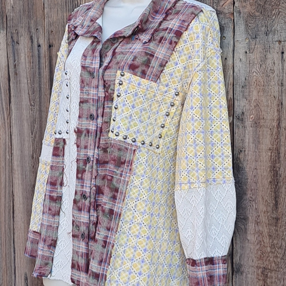 Pol Patchwork Plaid Lace Studded Shacket Oversize… - image 8